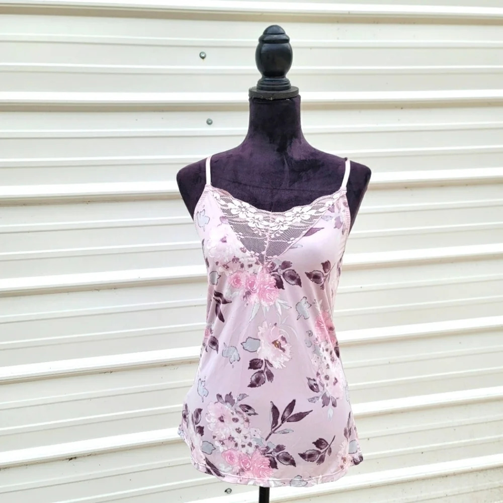 Body Touch tank top pajama Womens size L Purple pink Floral Soft Henley pearl.